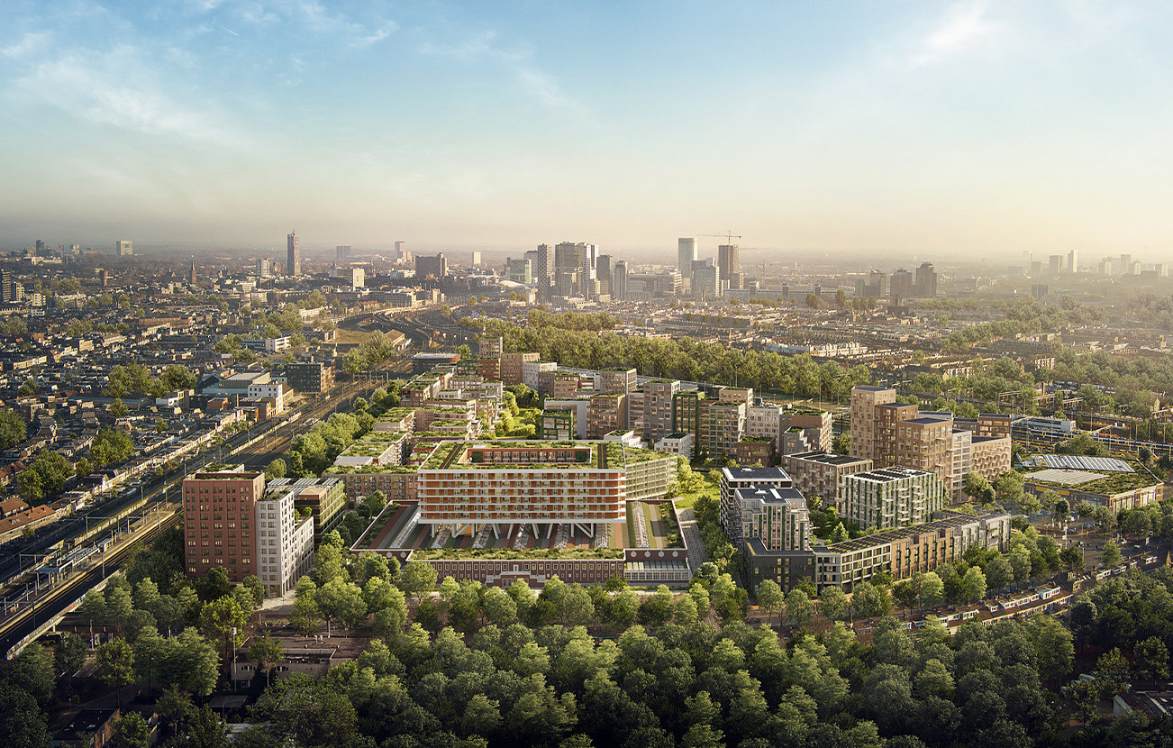 Luchtfoto van de wijk Cartetius en het centrum van de stad Utrecht op de achtergrond
